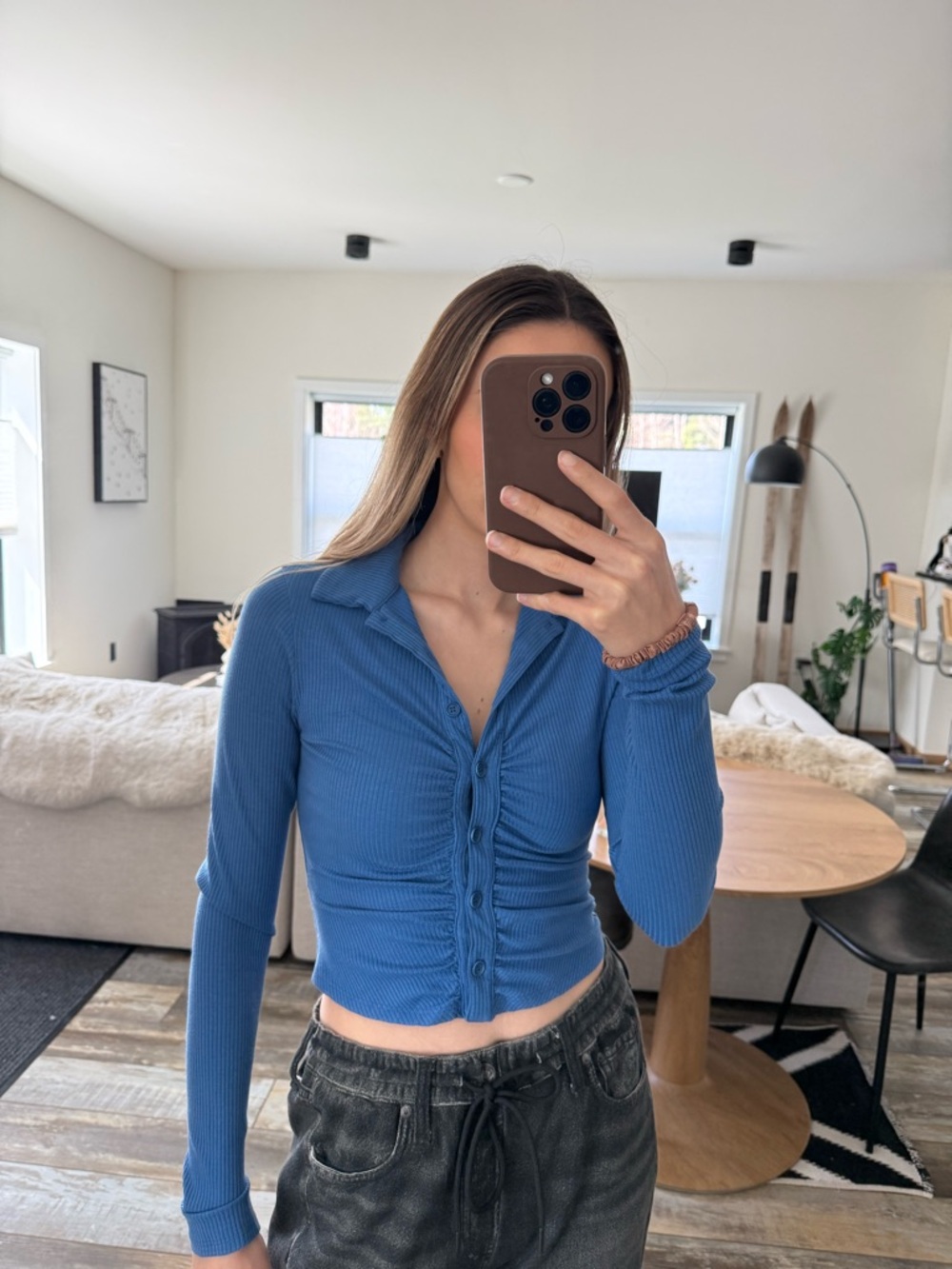 Reformation Ribbed Button-Front Crop Top - Blue